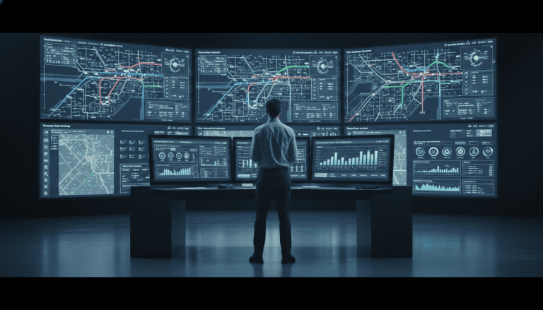 Centro de control logístico con tecnología digital para el monitoreo de seguridad en flotas de vehículos corporativos.
