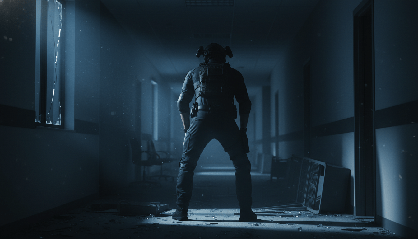 Profesional de seguridad recuperando la calma tras un incidente de alta tensión en un entorno profesional.