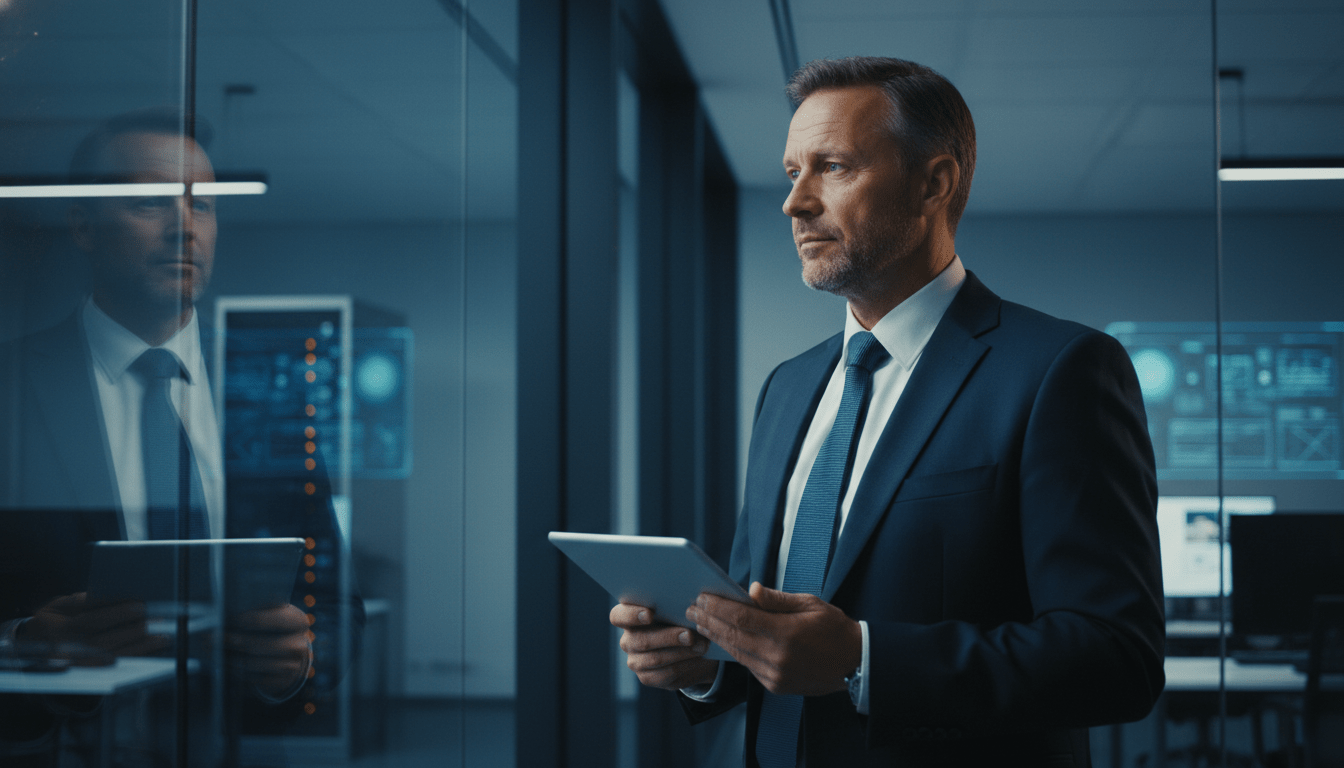 Gestor de seguridad corporativa analizando riesgos en una oficina moderna
