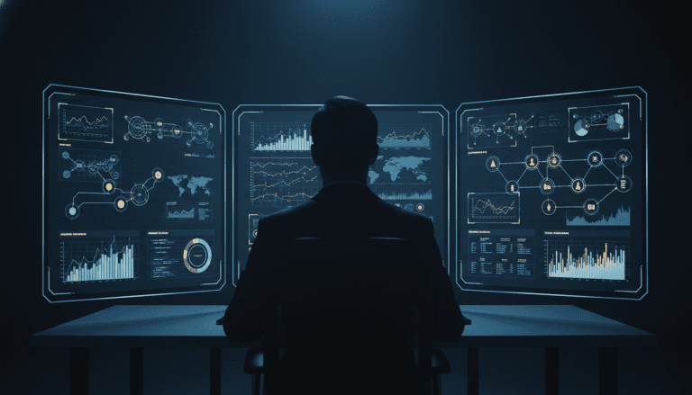 Profesional analizando métricas de seguridad digital y niveles de servicio en una pantalla holográfica