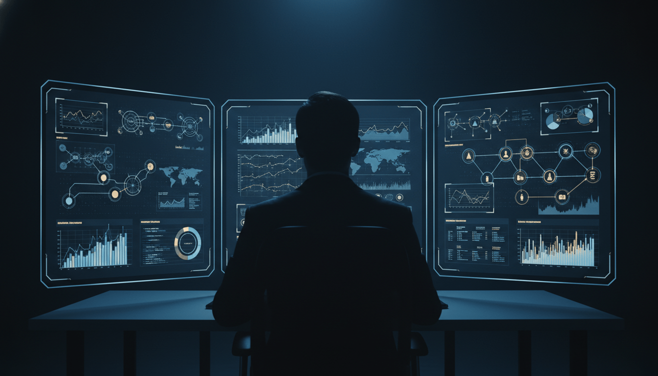 Profesional analizando métricas de seguridad digital y niveles de servicio en una pantalla holográfica