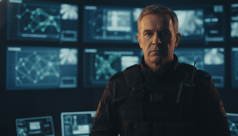 Profesional de seguridad privada supervisando monitores de videovigilancia en centro de control.