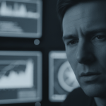 Operador de seguridad nocturno con signos de fatiga extrema frente a pantallas de control