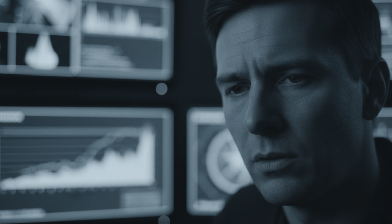 Operador de seguridad nocturno con signos de fatiga extrema frente a pantallas de control