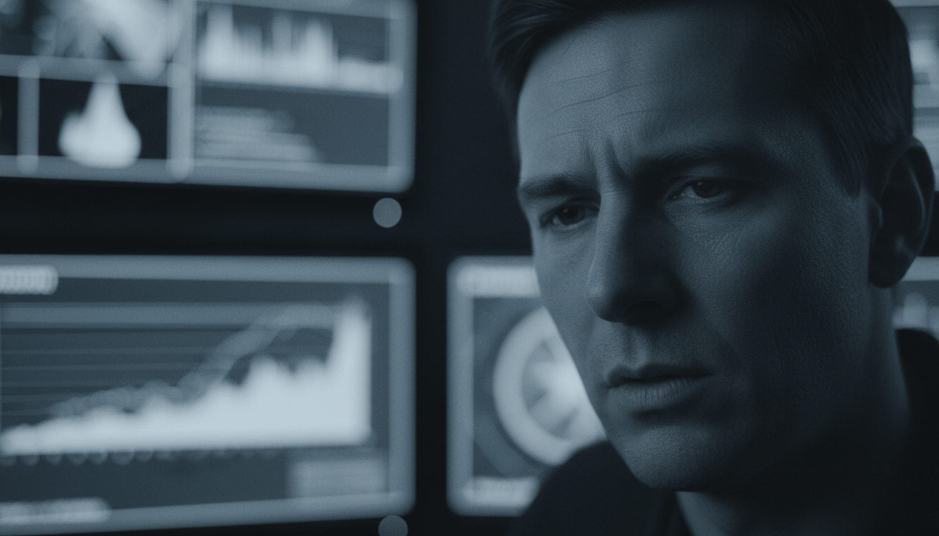 Operador de seguridad nocturno con signos de fatiga extrema frente a pantallas de control