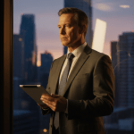 Empresario analizando gestión financiera de seguridad privada en oficina moderna