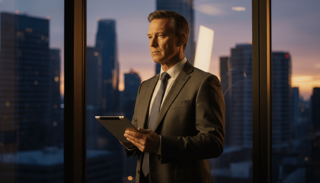 Empresario analizando gestión financiera de seguridad privada en oficina moderna