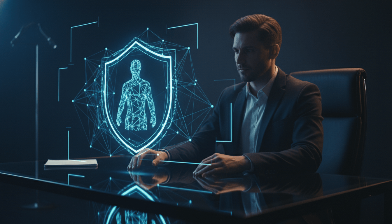 Estratega digital gestionando la seguridad de la reputación online mediante una interfaz de protección holográfica.