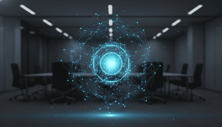 Concepto visual de gobernanza de seguridad de la información con nodos de red y esfera digital protectora.