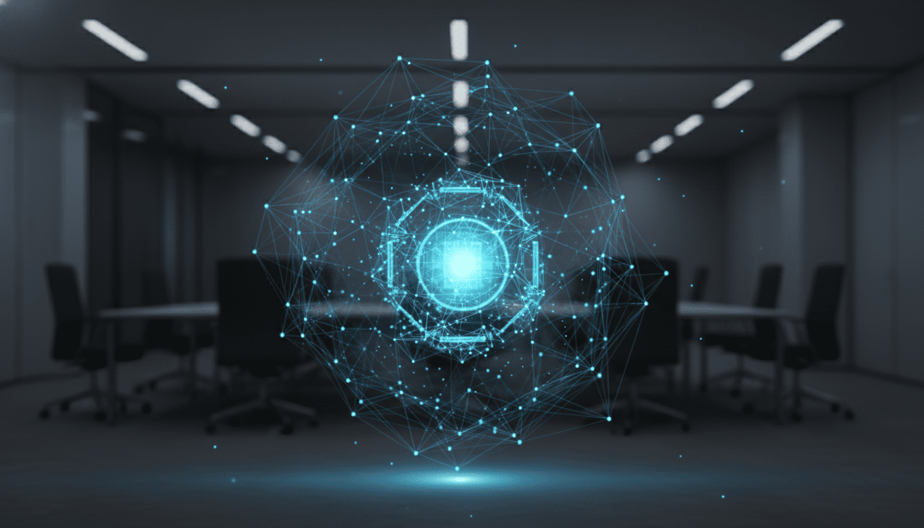 Concepto visual de gobernanza de seguridad de la información con nodos de red y esfera digital protectora.