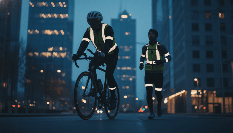 Ciclista y corredor usando equipo reflectante de seguridad en una ciudad al atardecer para prevención de accidentes.