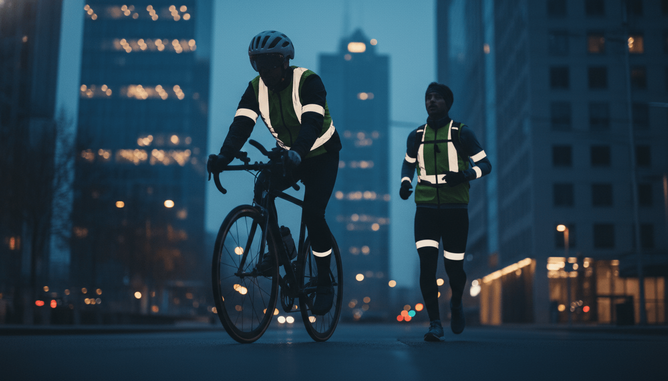 Ciclista y corredor usando equipo reflectante de seguridad en una ciudad al atardecer para prevención de accidentes.