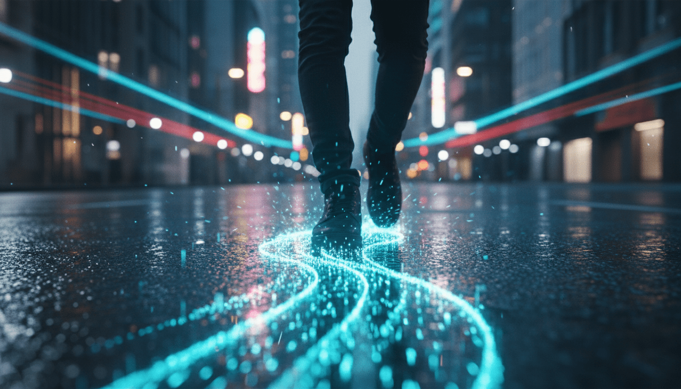 Representación visual de la huella digital mediante un rastro de luz fluorescente y datos en una calle moderna.