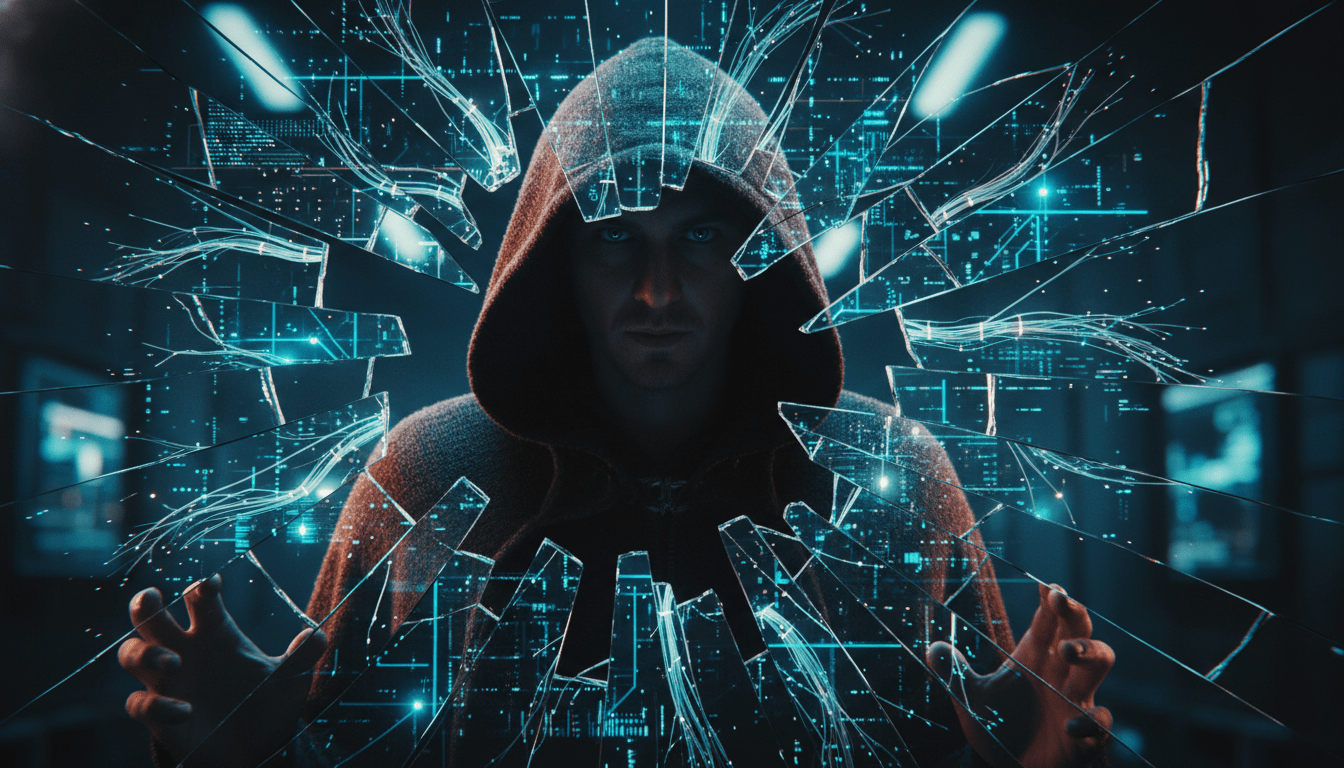 Persona frente a espejo roto que refleja una red de datos digitales como metafora de la identidad fragmentada