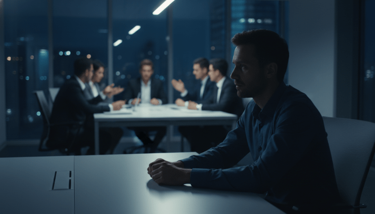 Empleado sintiéndose excluido y estresado en una oficina moderna representando violencia laboral psicológica