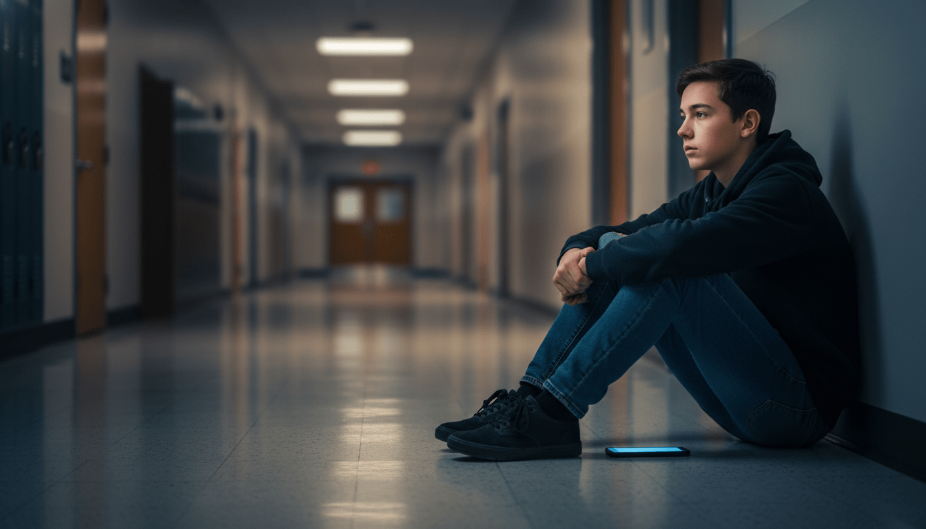 Adolescente sentado solo en un pasillo escolar mostrando signos de aislamiento emocional por acoso escolar.