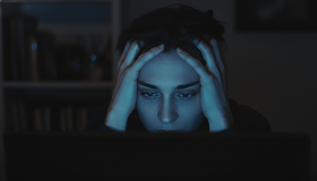 Persona angustiada frente a una pantalla de ordenador en una habitación oscura simbolizando la vulnerabilidad ante el chantaje digital.