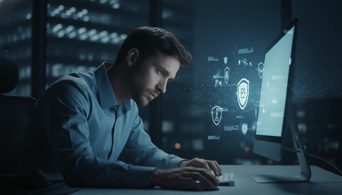 Empleado de oficina cansado frente al ordenador simbolizando la fatiga de seguridad y la falta de retención en capacitación digital.