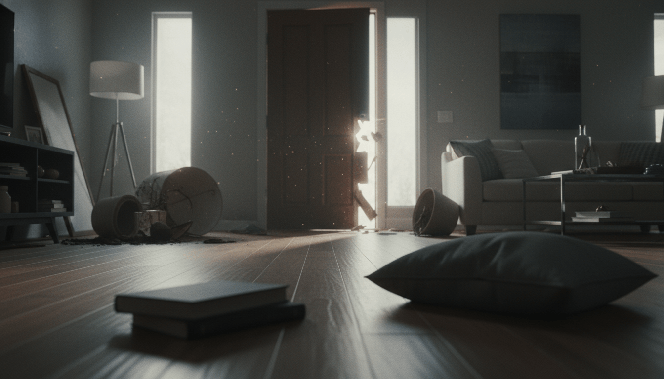 Interior de un hogar desordenado tras un robo con luz dramática simbolizando la pérdida de seguridad