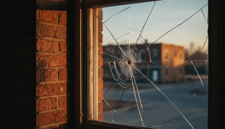 Ventana residencial con cristal roto en una pared de ladrillo desgastada que simboliza la vulnerabilidad del hogar.