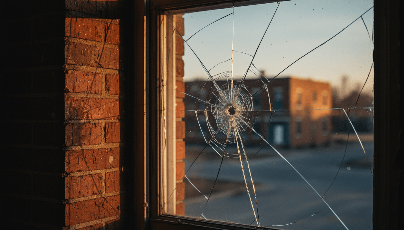 Ventana residencial con cristal roto en una pared de ladrillo desgastada que simboliza la vulnerabilidad del hogar.