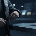 Persona angustiada buscando su teléfono móvil y cartera perdidos en la calle, concepto de brecha de seguridad personal y vulnerabilidad digital.