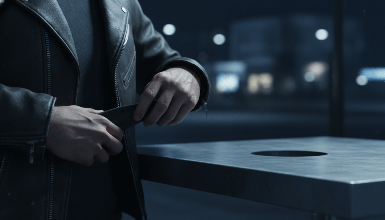 Persona angustiada buscando su teléfono móvil y cartera perdidos en la calle, concepto de brecha de seguridad personal y vulnerabilidad digital.