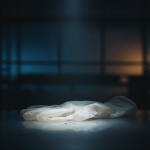 Primer plano de guantes forenses y partículas de polvo en una escena del crimen, representando la preservación de pruebas.