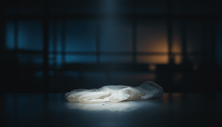 Primer plano de guantes forenses y partículas de polvo en una escena del crimen, representando la preservación de pruebas.