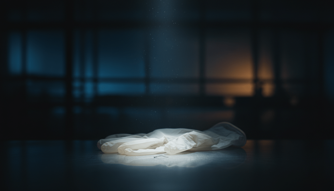 Primer plano de guantes forenses y partículas de polvo en una escena del crimen, representando la preservación de pruebas.