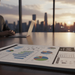 Ejecutivo analizando un informe estratégico de seguridad privada en una oficina moderna.