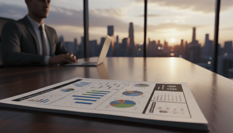 Ejecutivo analizando un informe estratégico de seguridad privada en una oficina moderna.