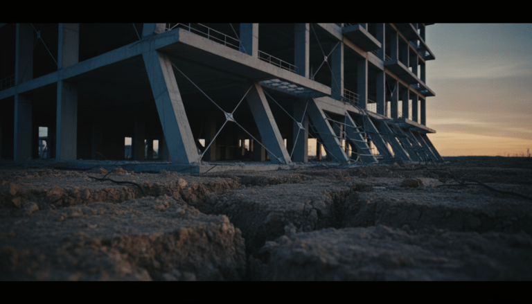 Estructura de hormigón diseñada con refuerzo sísmico sobre suelo agrietado durante un sismo