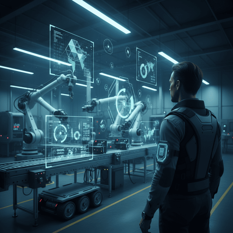 Líder de seguridad industrial utilizando tecnología wearable y datos predictivos en una planta inteligente de 2026.