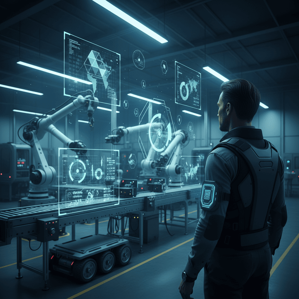 Líder de seguridad industrial utilizando tecnología wearable y datos predictivos en una planta inteligente de 2026.