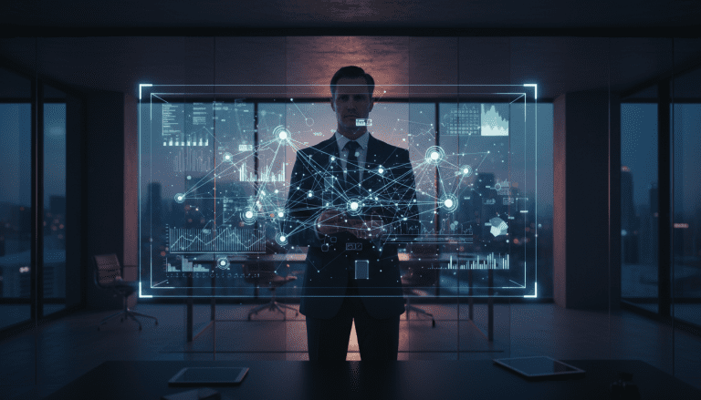 Ejecutivo de negocios analizando datos complejos y redes digitales para inteligencia competitiva en una oficina oscura.