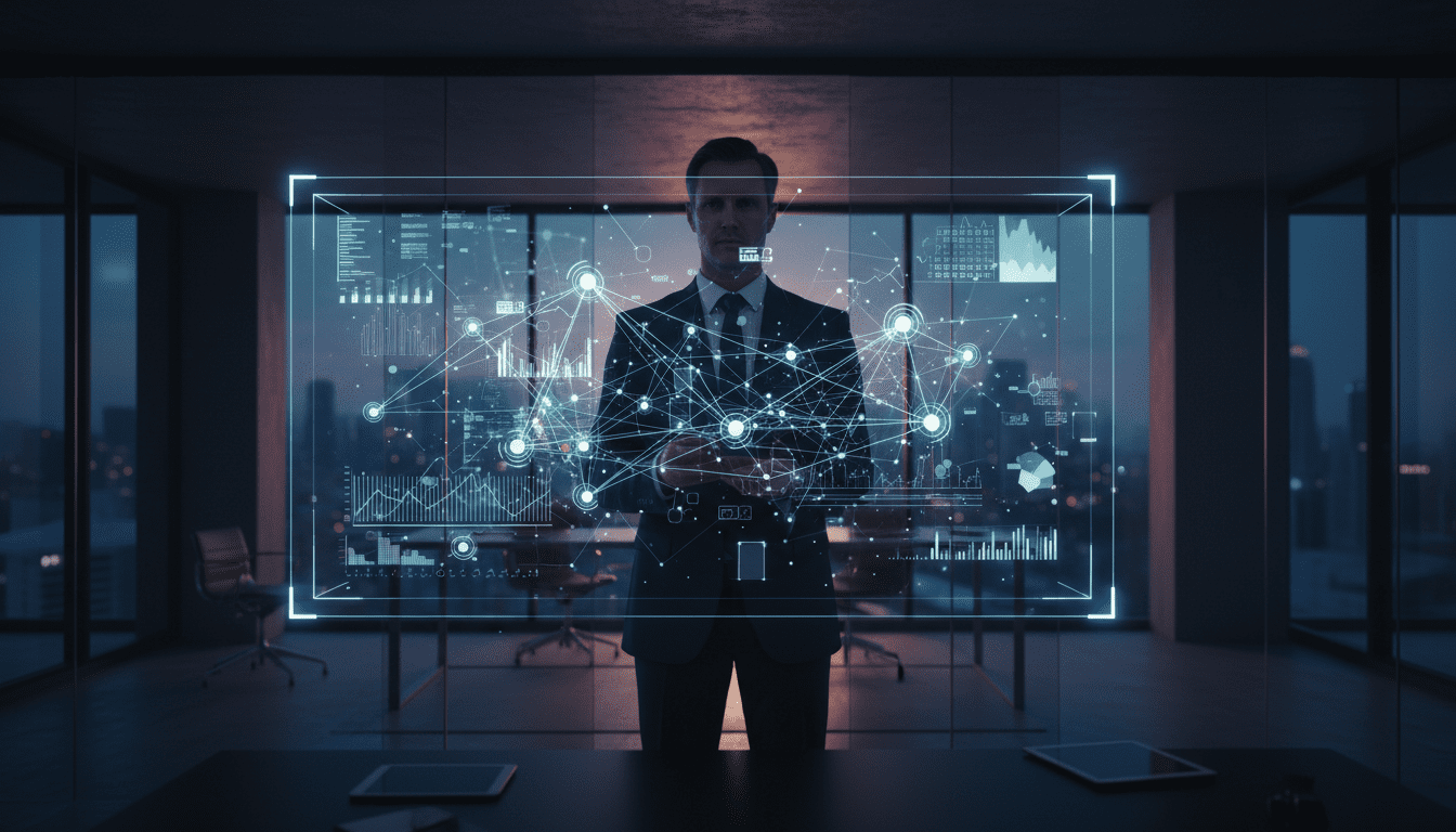 Ejecutivo de negocios analizando datos complejos y redes digitales para inteligencia competitiva en una oficina oscura.