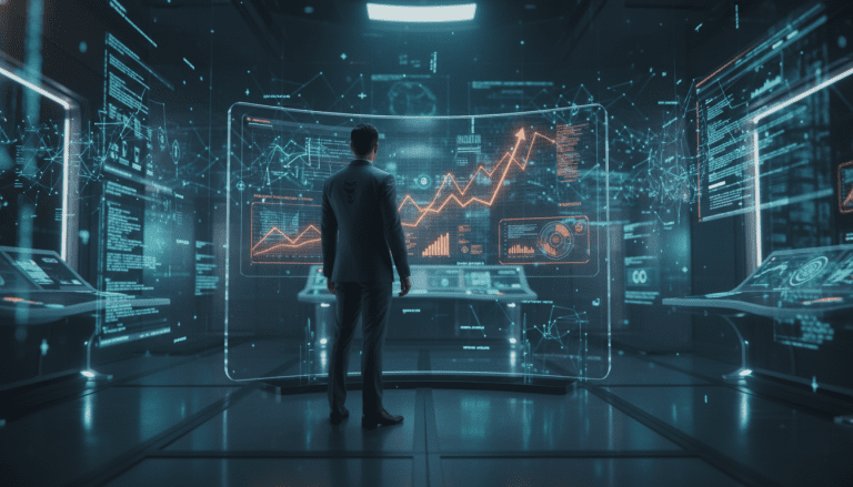 Profesional analizando datos de inteligencia competitiva en una oficina tecnologica de vanguardia