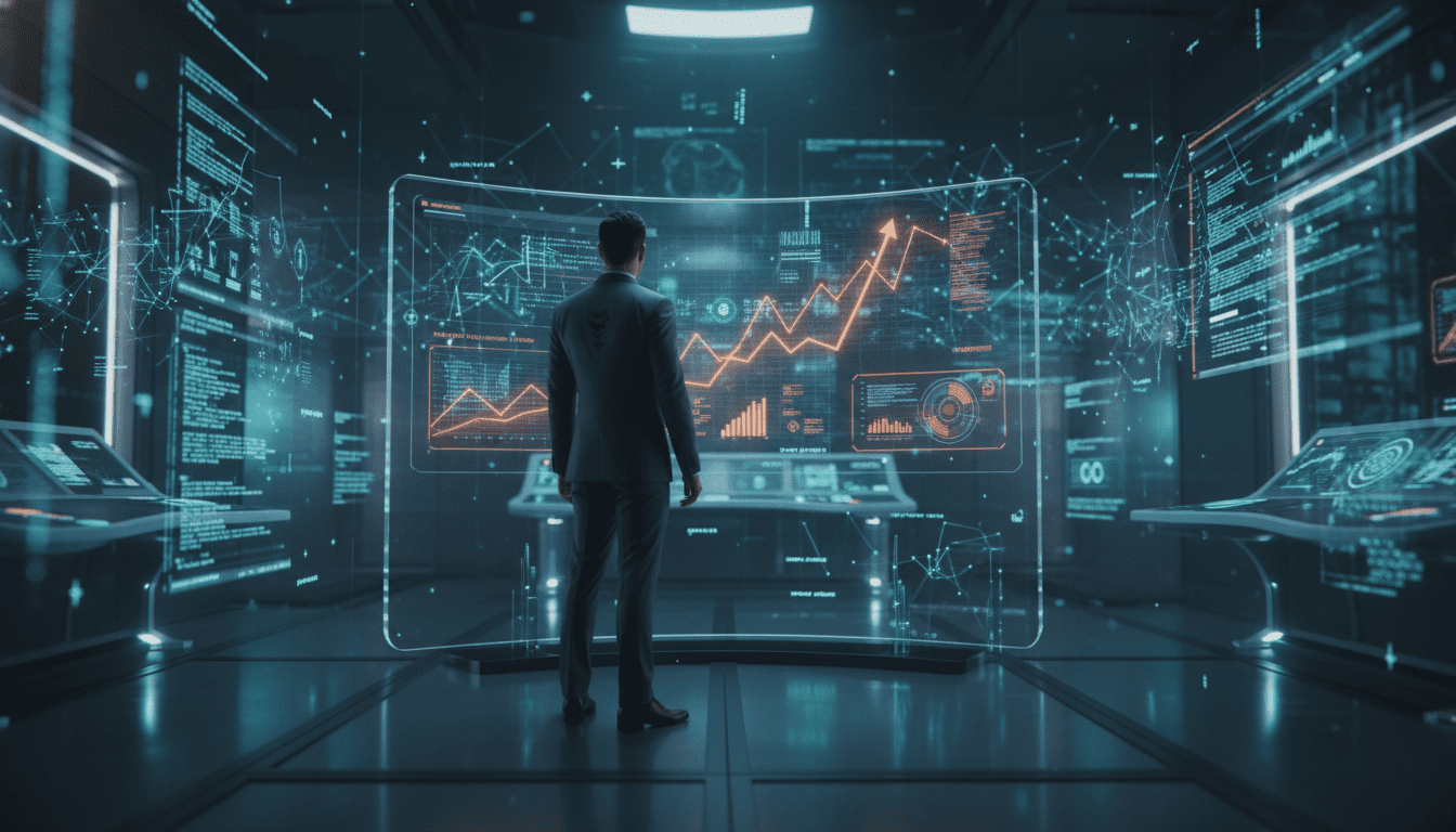 Profesional analizando datos de inteligencia competitiva en una oficina tecnologica de vanguardia