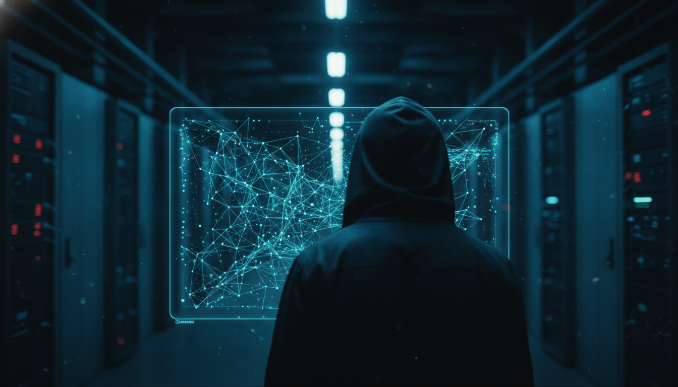 Especialista en ciberseguridad analizando flujos de datos complejos en un entorno oscuro y tecnologico.