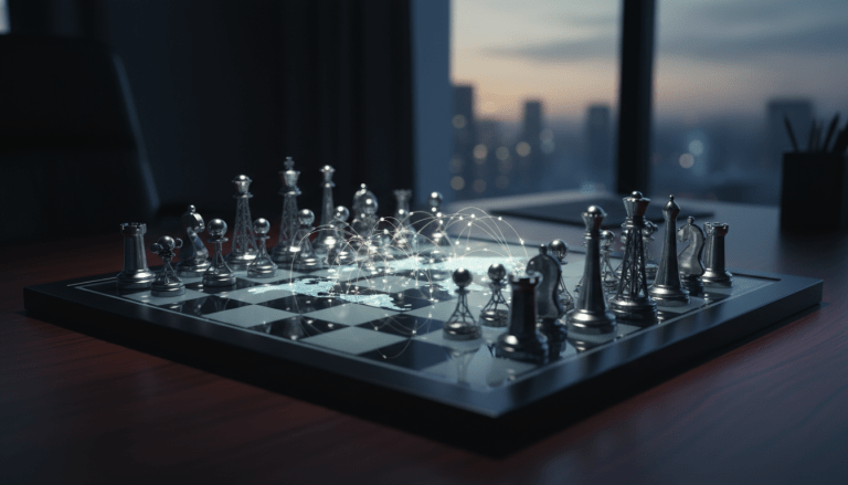 Tablero de ajedrez corporativo de alta tecnologia representando inteligencia de amenazas geopoliticas con conexiones globales y datos digitales.