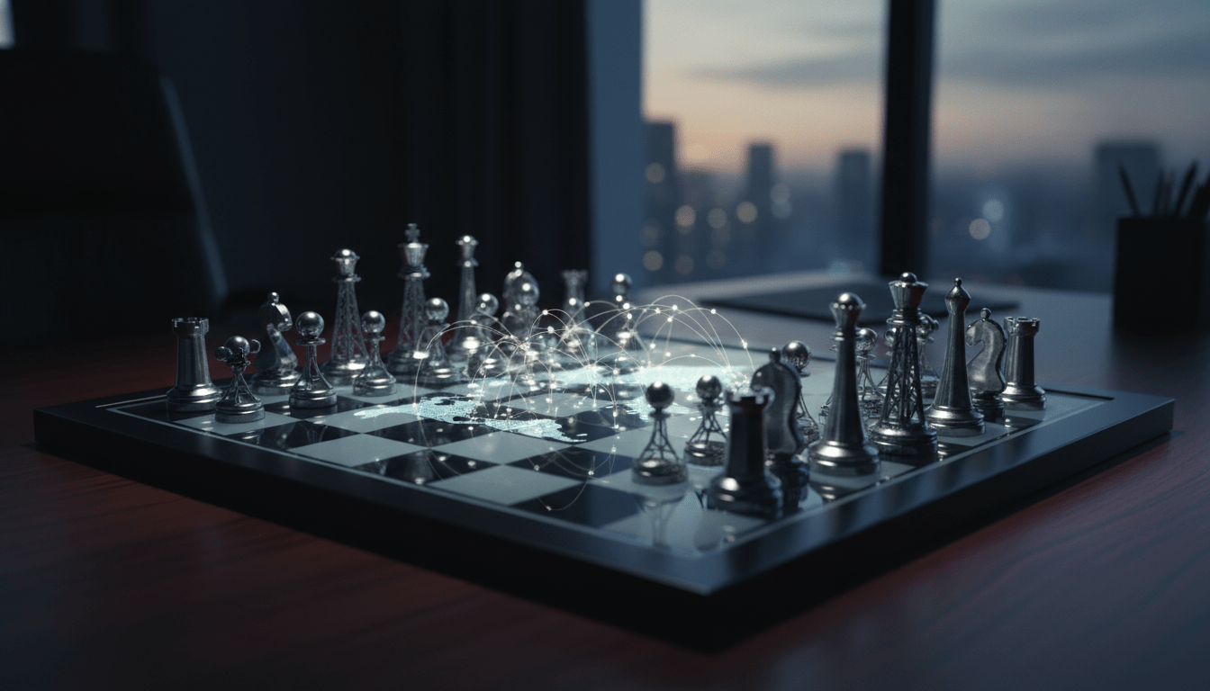 Tablero de ajedrez corporativo de alta tecnologia representando inteligencia de amenazas geopoliticas con conexiones globales y datos digitales.