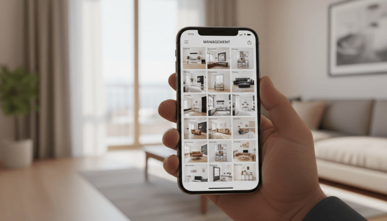 Primer plano de una persona usando una aplicación de inventario digital en su smartphone para documentar bienes del hogar