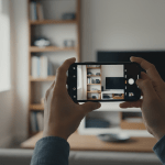 Persona realizando un inventario digital de bienes en su sala de estar para el seguro de hogar