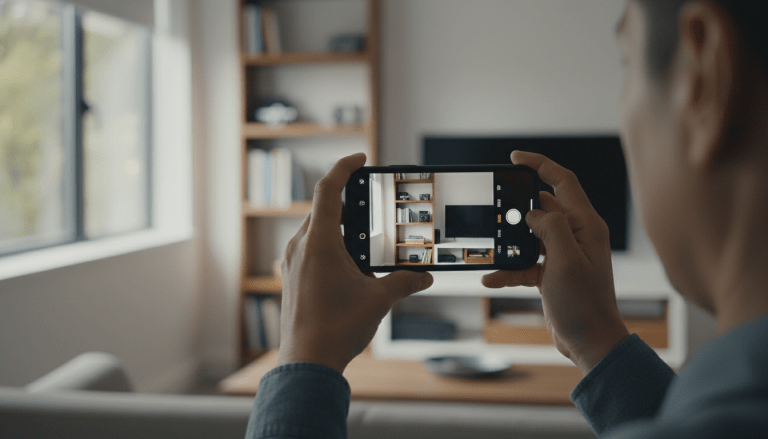 Persona realizando un inventario digital de bienes en su sala de estar para el seguro de hogar