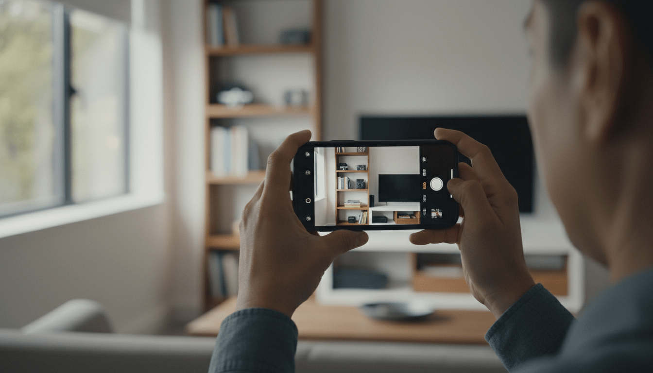 Persona realizando un inventario digital de bienes en su sala de estar para el seguro de hogar
