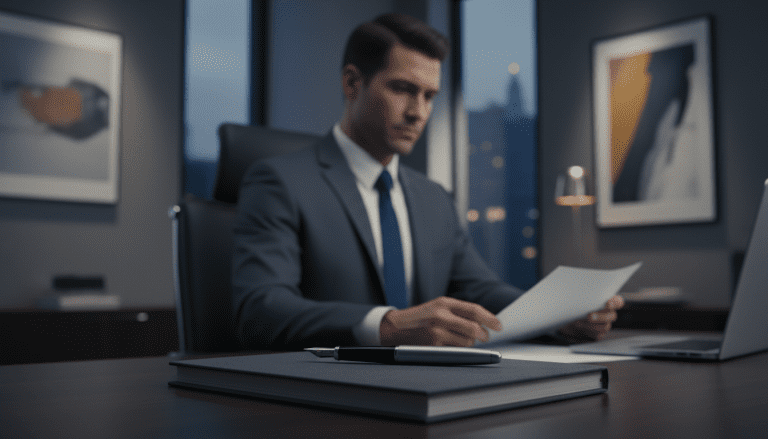 Profesional de seguridad analizando documentación confidencial en una oficina moderna para una investigación de acoso laboral.