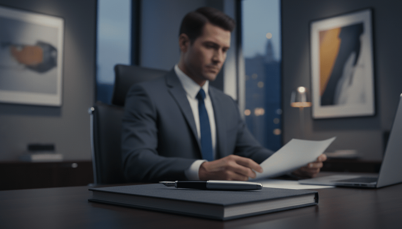 Profesional de seguridad analizando documentación confidencial en una oficina moderna para una investigación de acoso laboral.