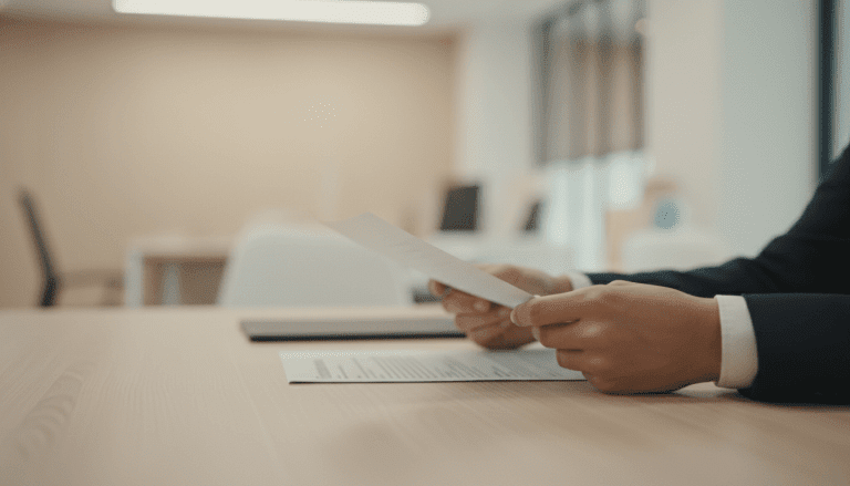 Profesional de recursos humanos revisando documentos en un entorno corporativo ético y seguro.