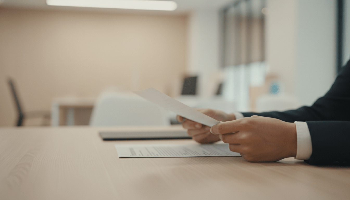Profesional de recursos humanos revisando documentos en un entorno corporativo ético y seguro.